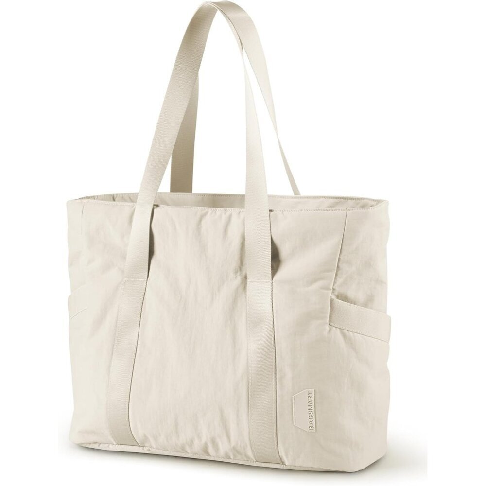 Women Beige Shoulder Tote Bag With Top Handle with Yoga Mat Buckle for Gym